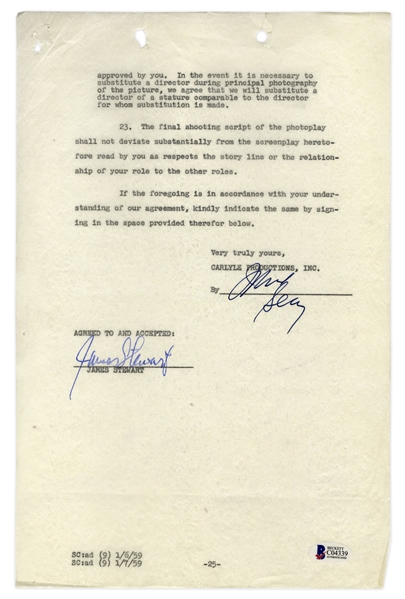 James Stewart Contract Signed for ''Anatomy of a Murder'' -- Stewart's Best Actor Academy Award Nominated Role -- With Beckett COA